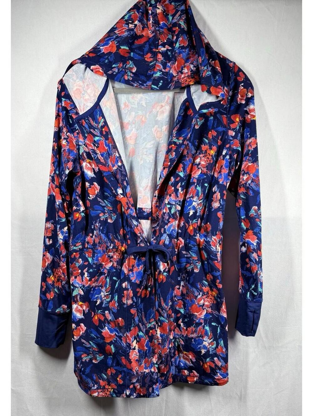 Cuddl Duds Flexwear Hooded Cardigan Sz M Blue Floral Tie Front Jacket Sweater